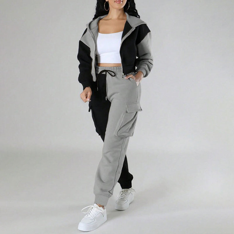 Women's Color Block 2 Piece Set, Full Zip Up Cropped Hoodie Jacket & Drawstring Cargo Pants, Casual Streetwear Outfit