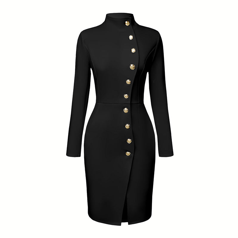 Elegant Solid Color Women's Long Sleeve Dress, Stand Collar With Golden Buttons Bodycon Slit Hem Dress For Formal Occasions
