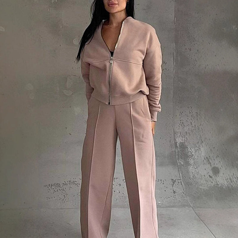 Women's 2 Piece Sweatsuit Set, Fall Zip Up Long Sleeve Sweatshirt Jacket And Wide Leg Sweatpants